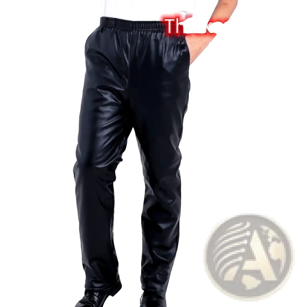 Men fleece lined faux leather winter pants in black with plush brown lining for added warmth and comfort