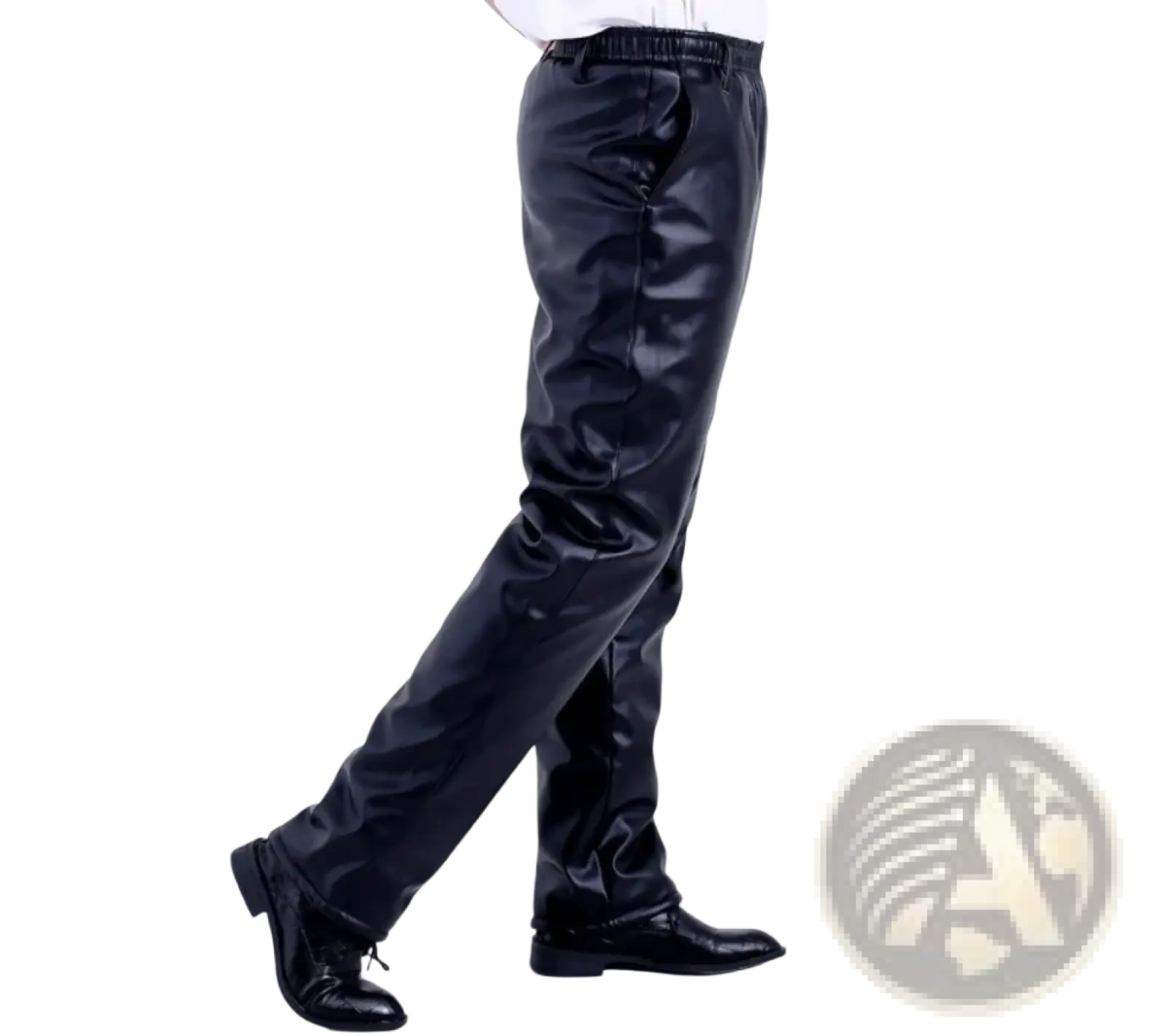 Men fleece lined faux leather winter pants in black with plush tan fleece lining for cold weather warmth
