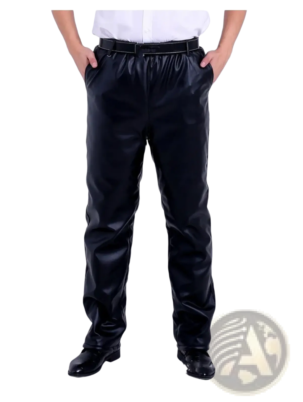 Men fleece lined black faux leather winter pants with sleek glossy finish and elastic waistband