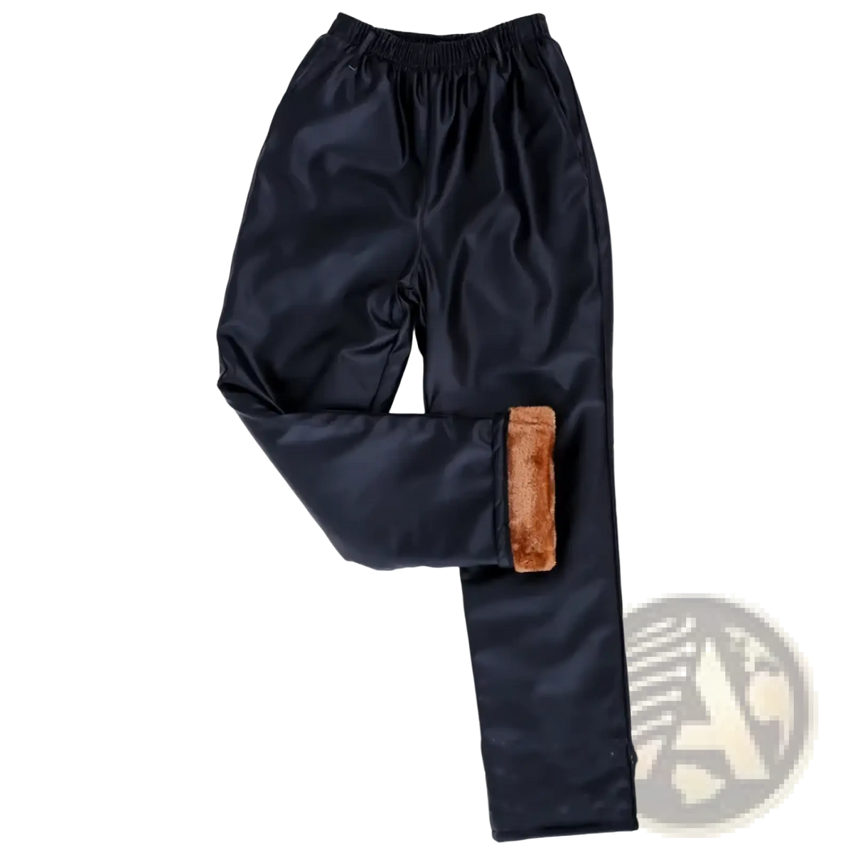 Men fleece lined faux leather winter pants in dark navy satin with plush brown fleece lining visible at rolled cuff
