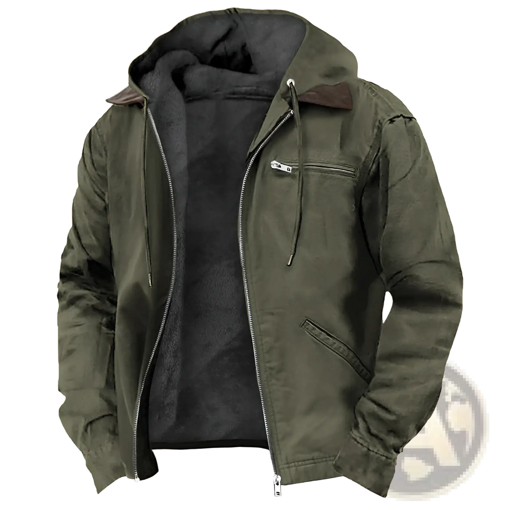 Men fleece lined hooded denim jacket in olive green with black fleece lining and brown leather collar accents