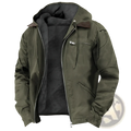 Men fleece lined hooded denim jacket in olive green with black fleece lining and brown leather collar accents