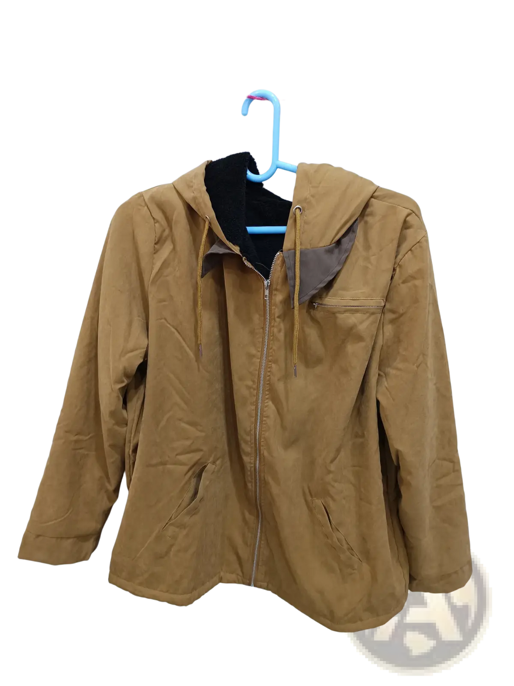 Men fleece lined hooded denim jacket in tan with black inner lining and brown trim hanging from a blue hanger