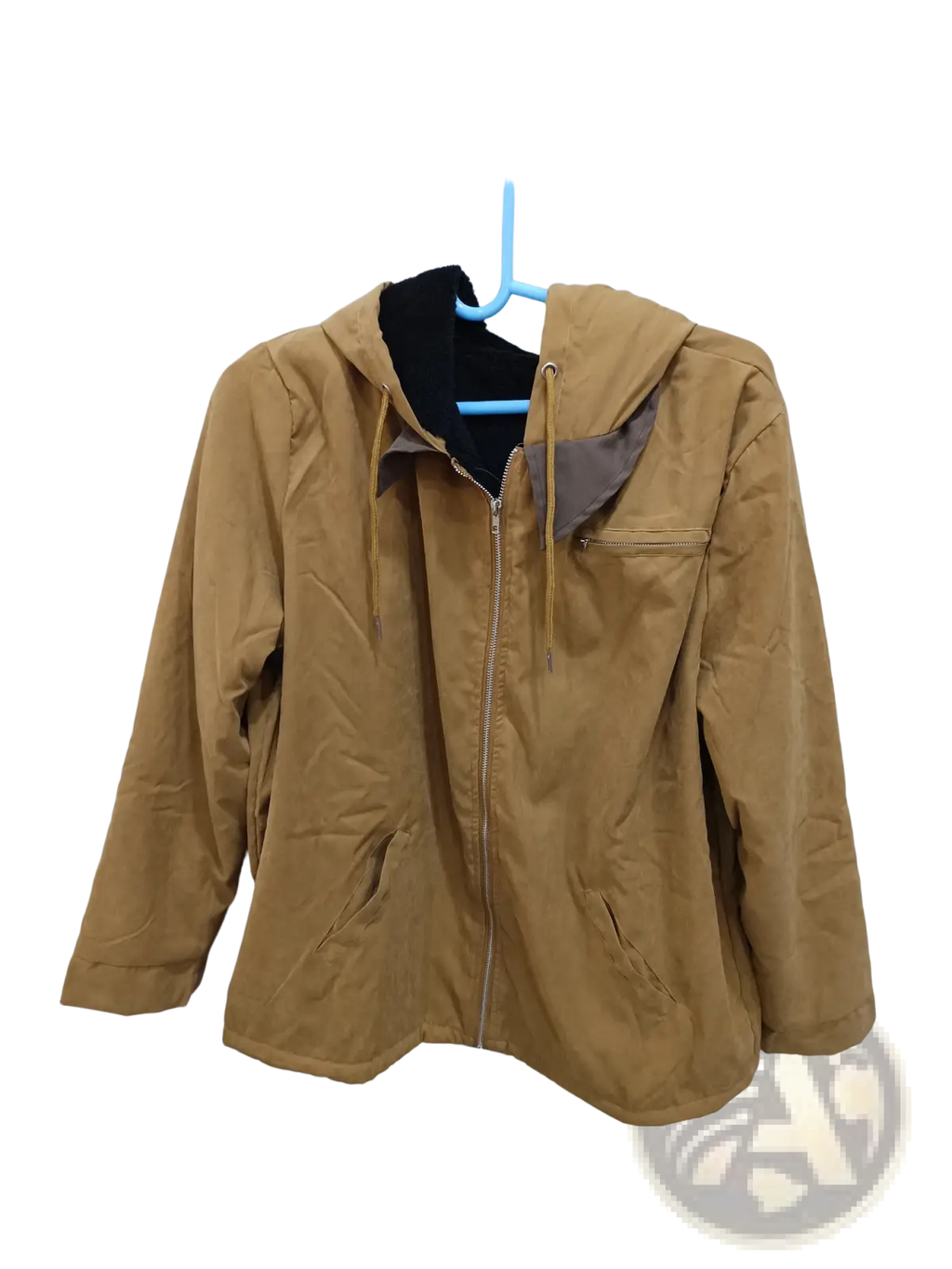 Men fleece lined hooded denim jacket in tan with black and gray inner lining, front zipper, and two side pockets