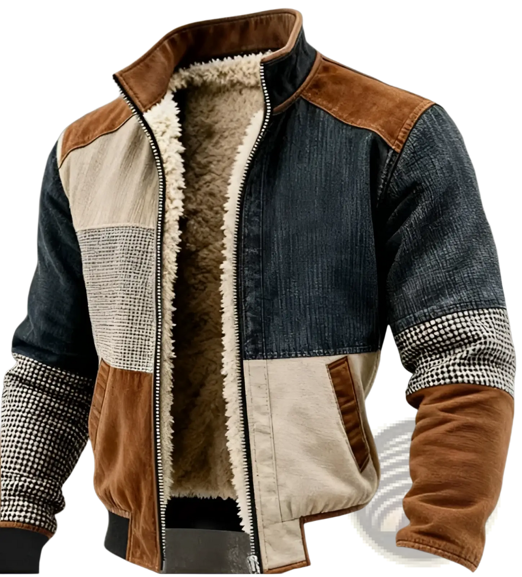 Men fleece lined hooded jacket in patchwork design with dark denim, beige canvas, brown suede, and shearling lining