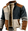 Men fleece lined hooded jacket in patchwork design with dark denim, beige canvas, brown suede, and shearling lining