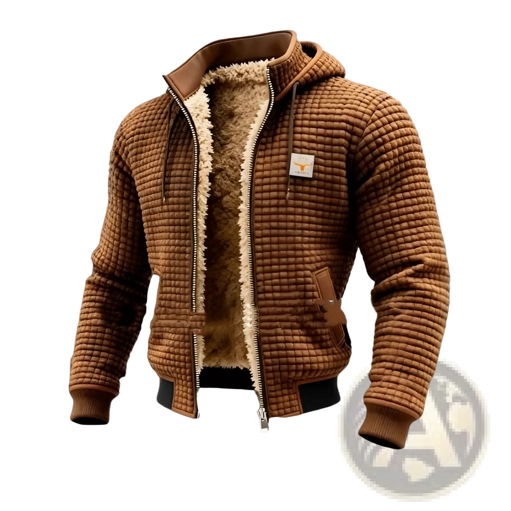 Men fleece lined hooded jacket in brown quilted fabric with cream plush fleece lining and brown drawstrings