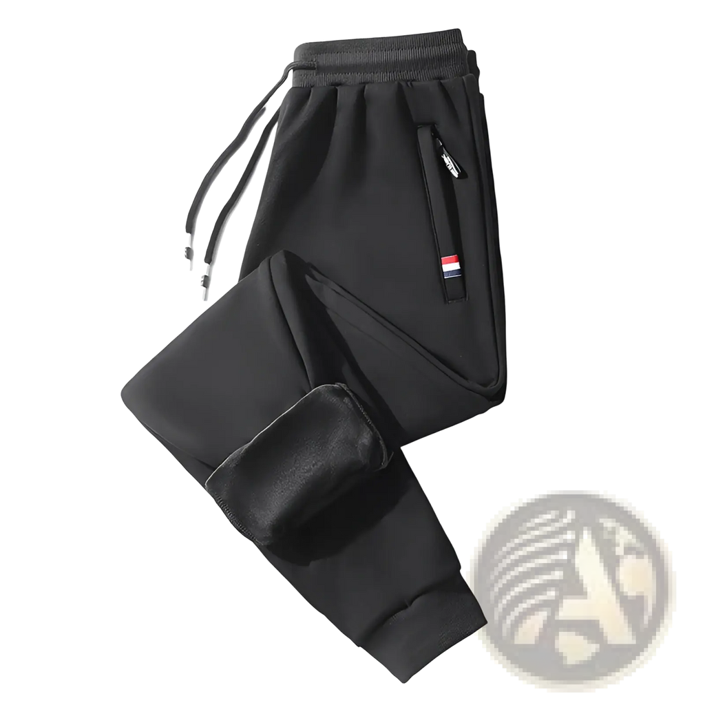 Black fleece lined joggers with drawstring waistband and side pockets in cotton for men straight leg sweatpants