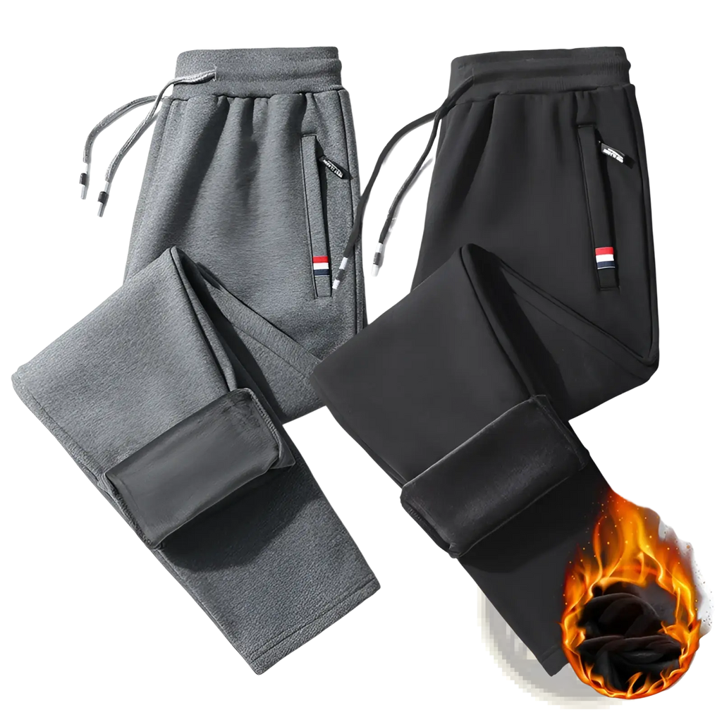 Men fleece lined joggers in gray and black cotton with a drawstring waistband and side pockets featuring brand tags