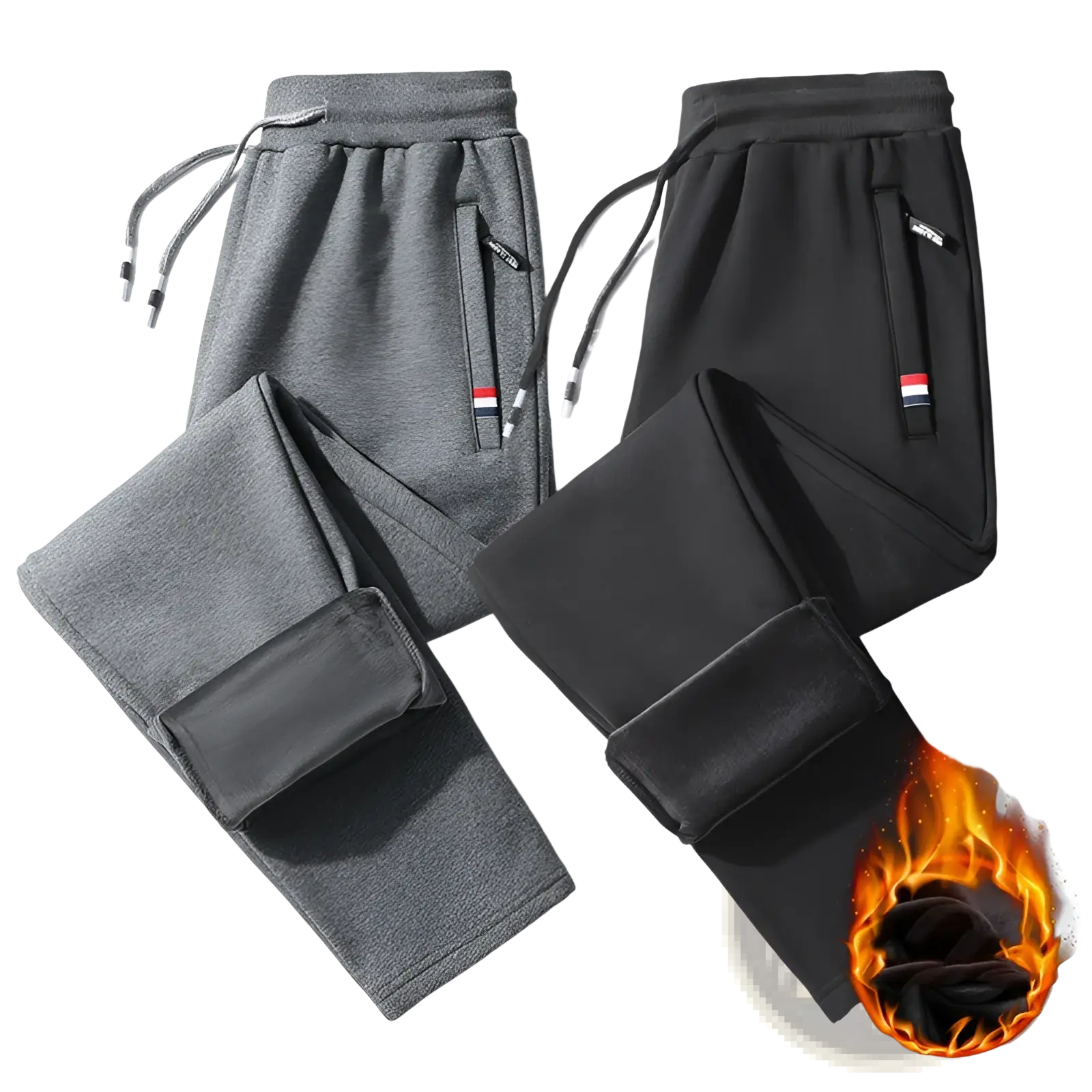 Men fleece lined joggers in gray and black cotton with a drawstring waistband and side pockets featuring brand tags