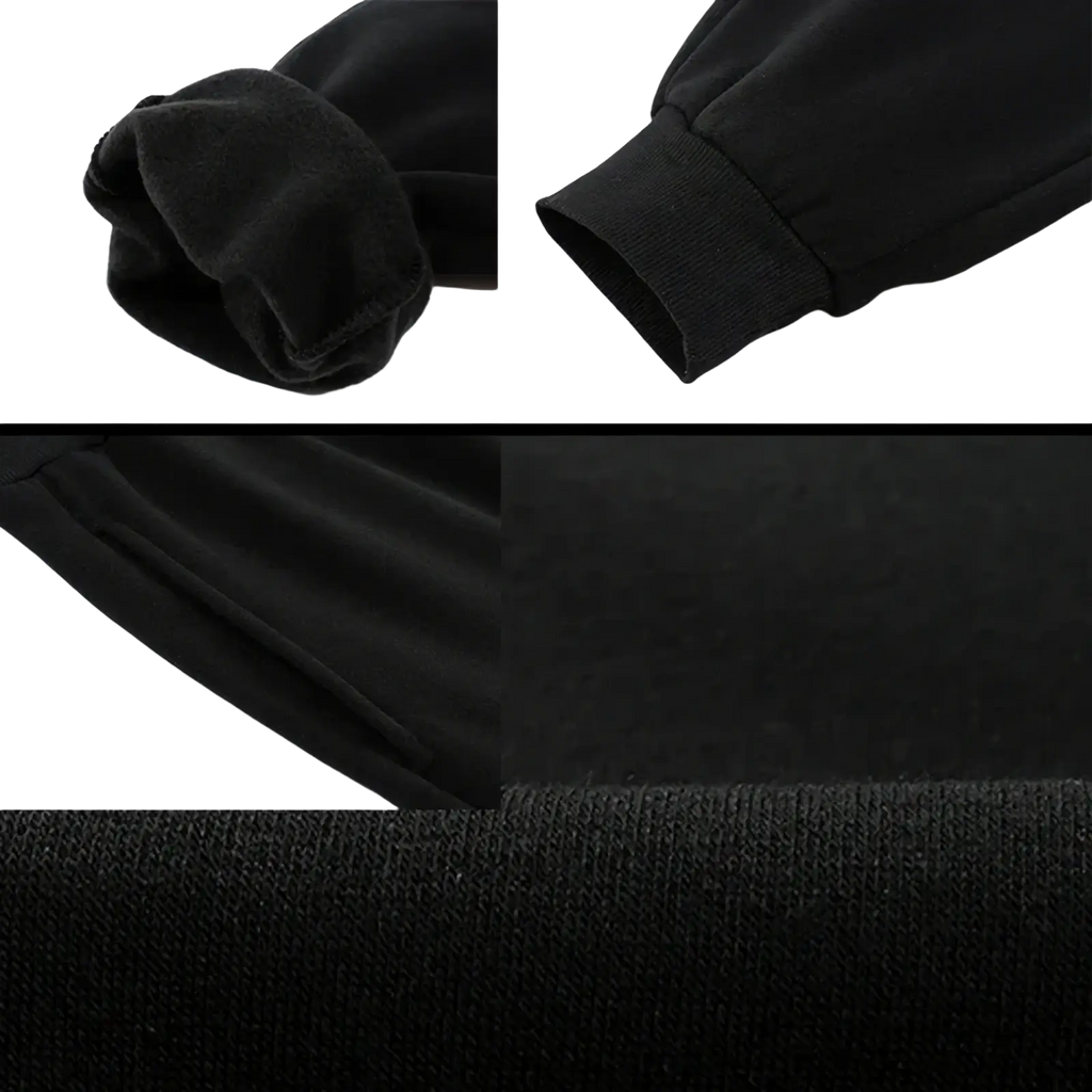 Black fleece lined sweatshirt cuffs showing soft plush interior and ribbed knit exterior for men winter joggers