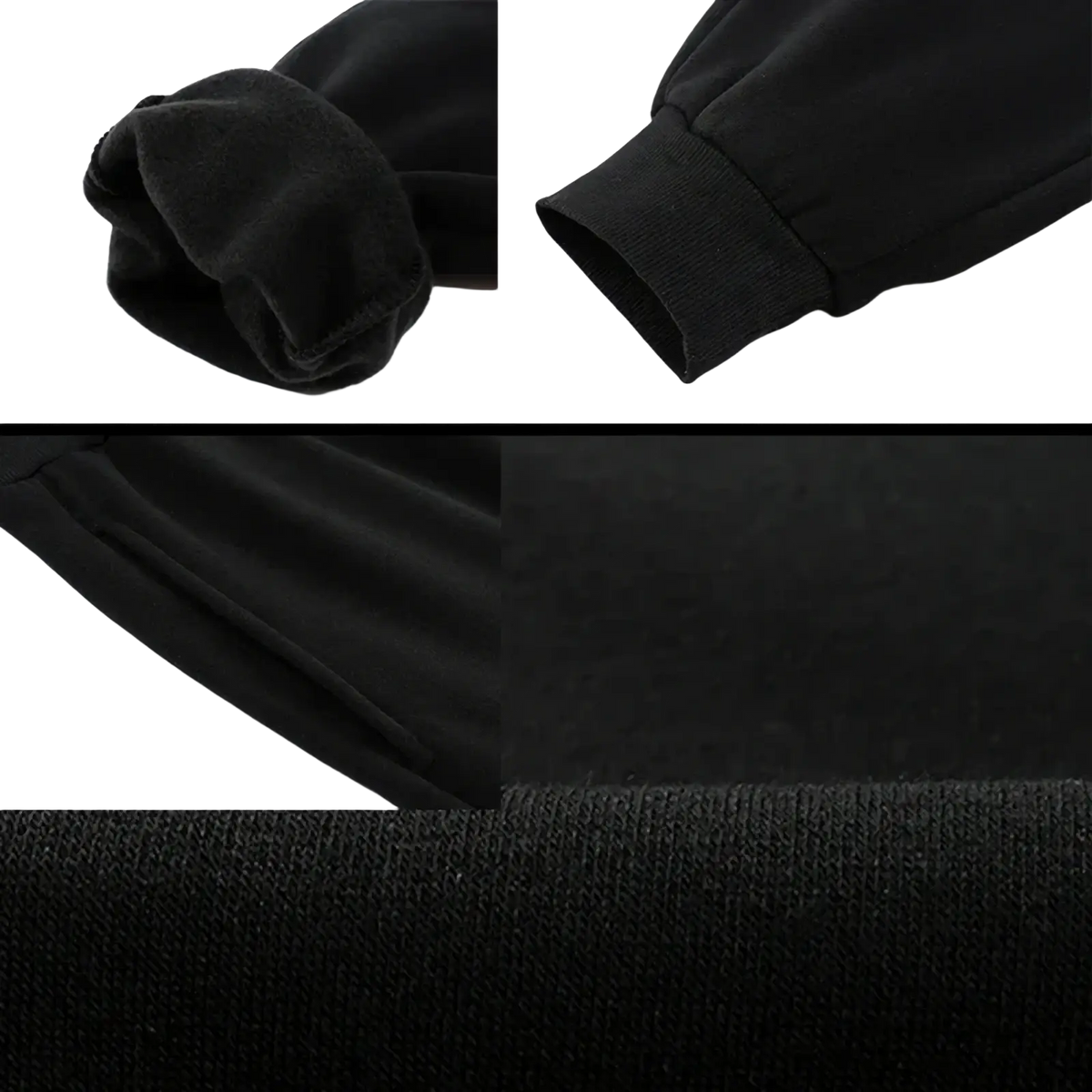 Black fleece lined sweatshirt cuffs showing soft plush interior and ribbed knit exterior for men winter joggers
