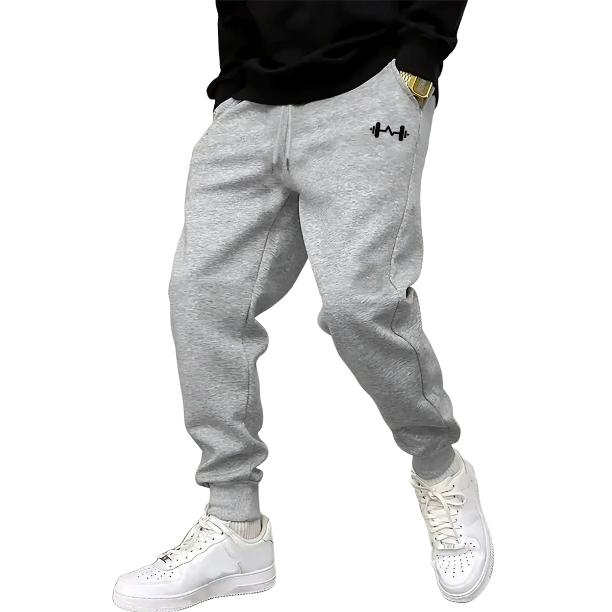 Gray heathered fleece lined joggers with black barbell logo perfect for winter streetwear sweatpants collection