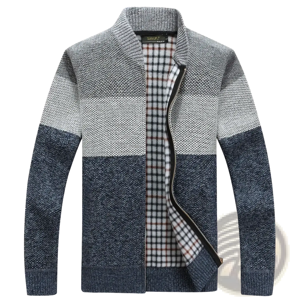 Men fleece lined knit cardigan with gray and navy blue stripes and checkered lining for winter wear