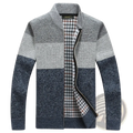 Men fleece lined knit cardigan with gray and navy blue stripes and checkered lining for winter wear