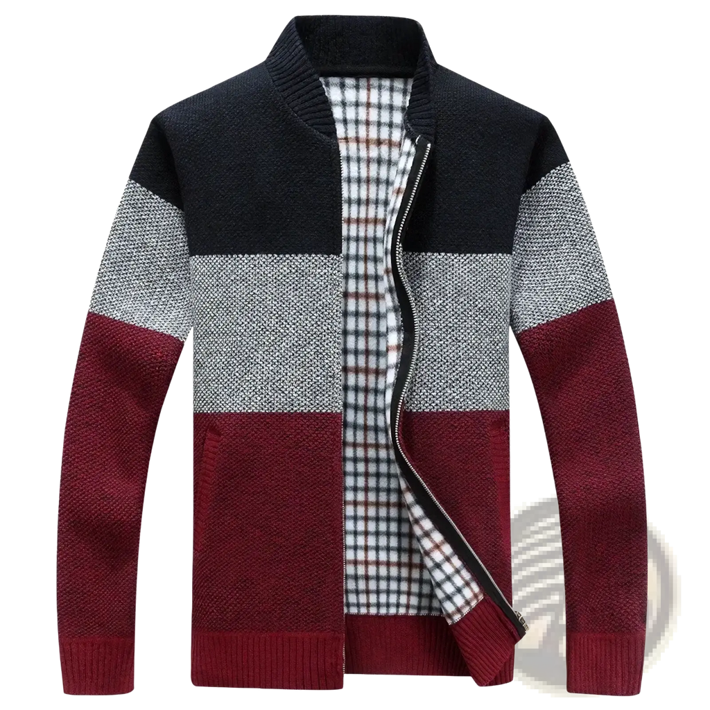 Men fleece lined knit cardigan winter sweater with black gray maroon color block and plaid fleece inner lining