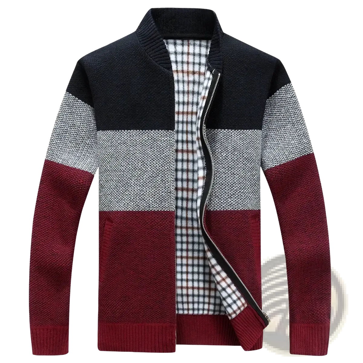 Men fleece lined knit cardigan winter sweater with black gray maroon color block and plaid fleece inner lining