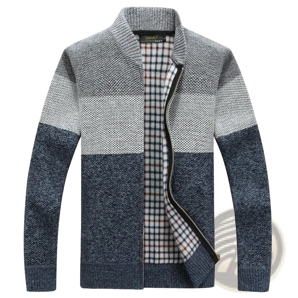 Men fleece lined knit cardigan winter sweater with gray and navy blue stripes and ribbed collar and cuffs