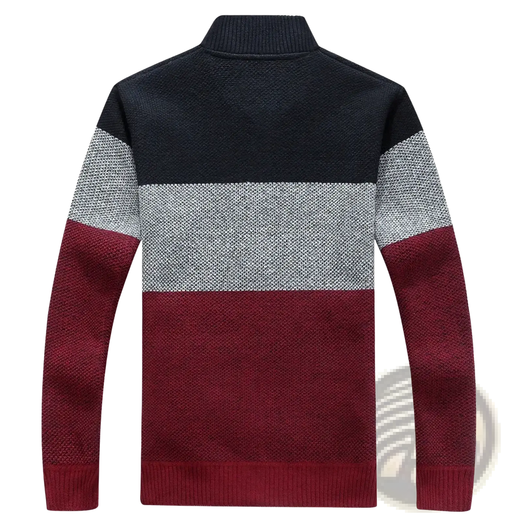 Men fleece lined knit cardigan winter sweater with navy heather gray and maroon color block design and turtleneck