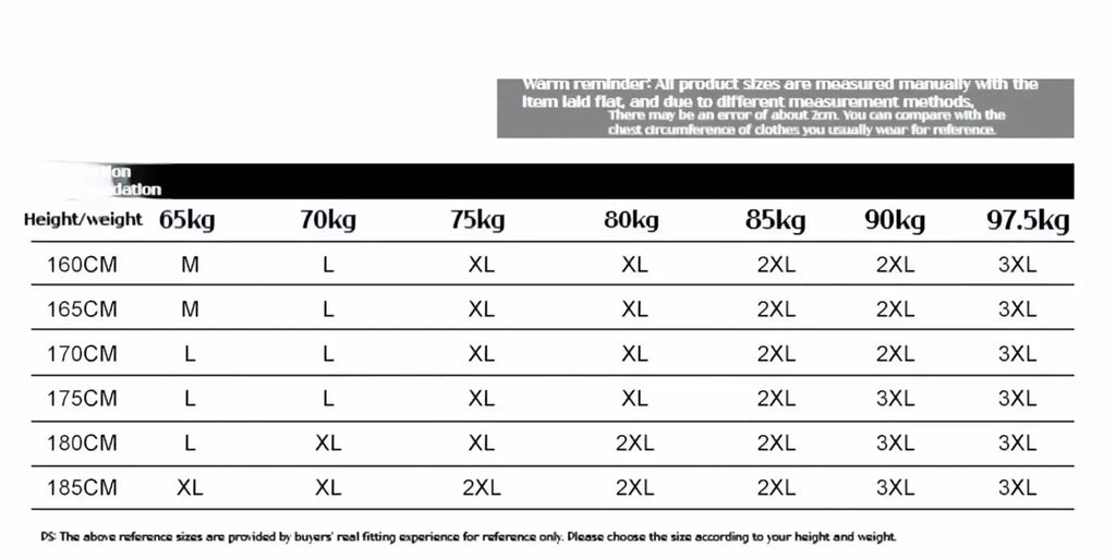 Size chart displaying height weight combinations and corresponding sizes for men fleece lined knit cardigan winter sweater