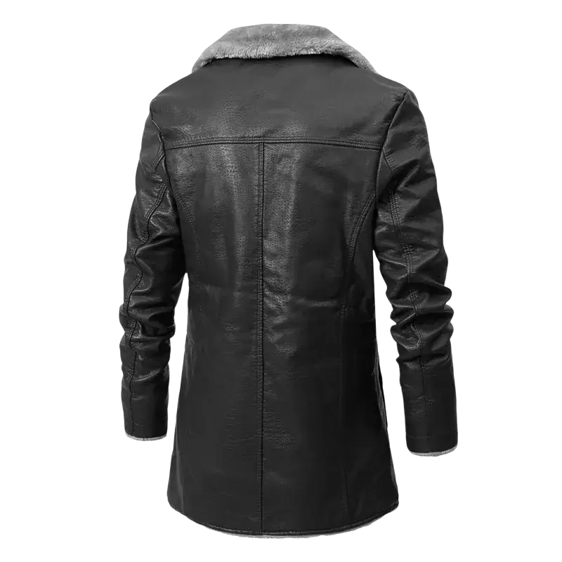 Men fleece lined leather trench coat winter jacket in black with gray fur-lined collar for cold weather wear