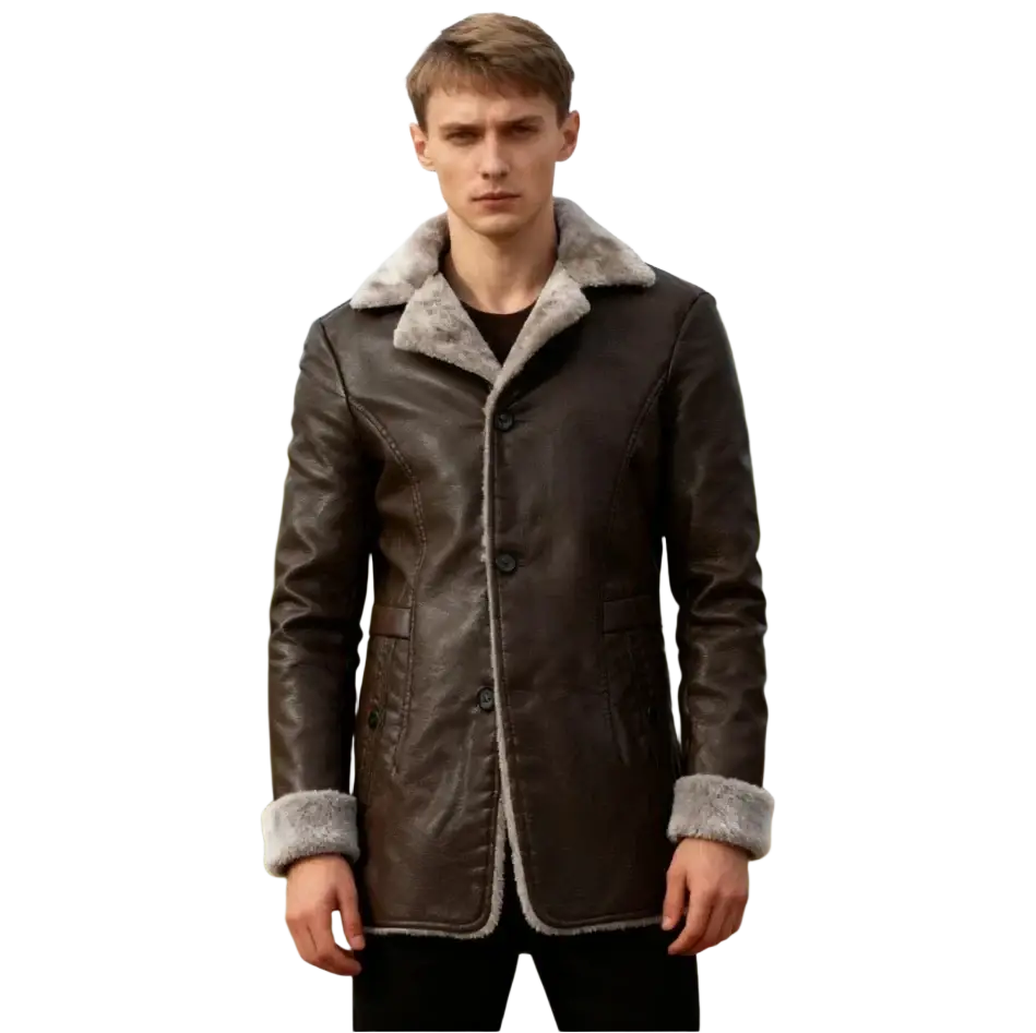 Men fleece lined leather trench coat in dark brown with light gray shearling lining and cuffs for winter wear