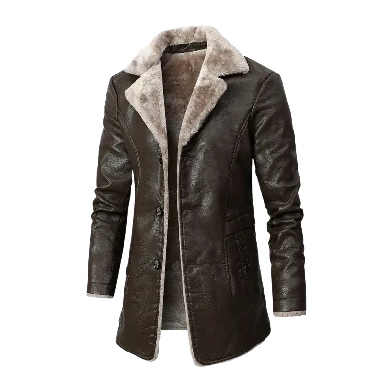 Men fleece lined leather trench coat dark brown faux leather with light gray shearling collar and trim for winter wear