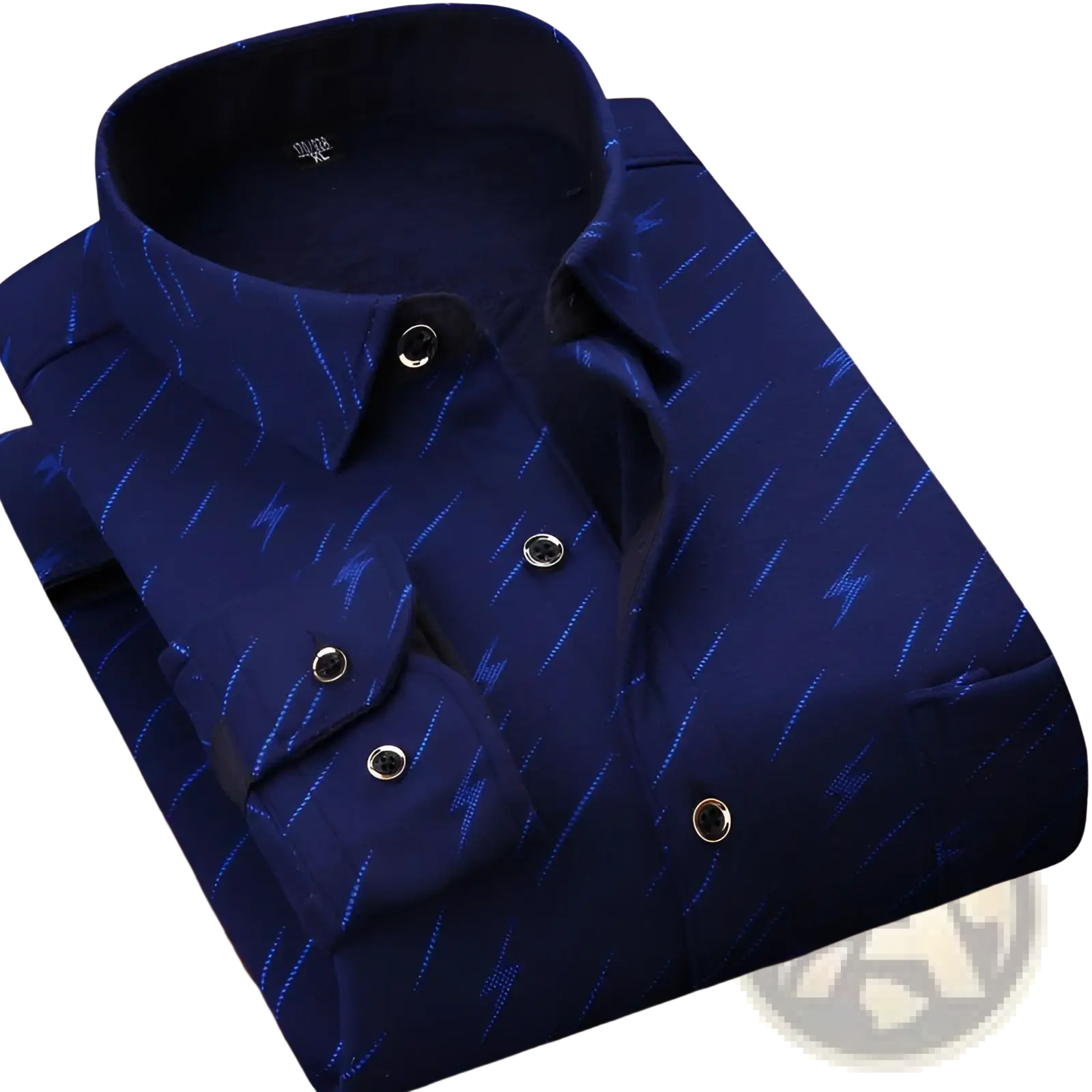 Men fleece lined long sleeve shirt in dark blue with subtle lightning bolt pattern and black buttons