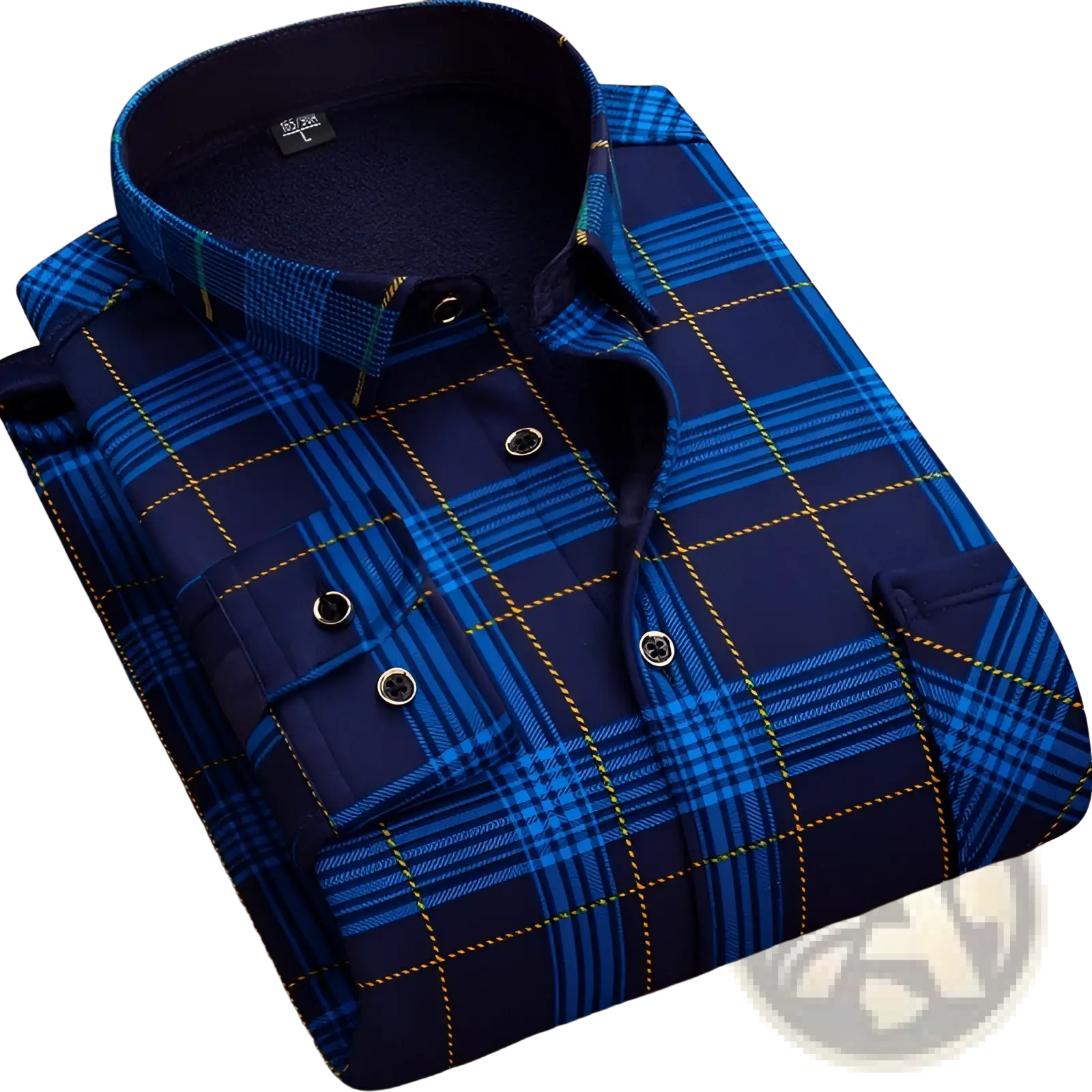 Men fleece lined long sleeve shirt in blue and navy plaid flannel with yellow stitching, button-up front, and chest pockets