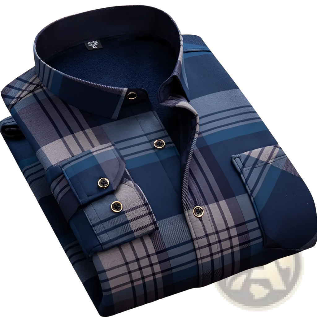 Men fleece lined long sleeve shirt in navy blue and gray plaid with button down collar and gold toned buttons
