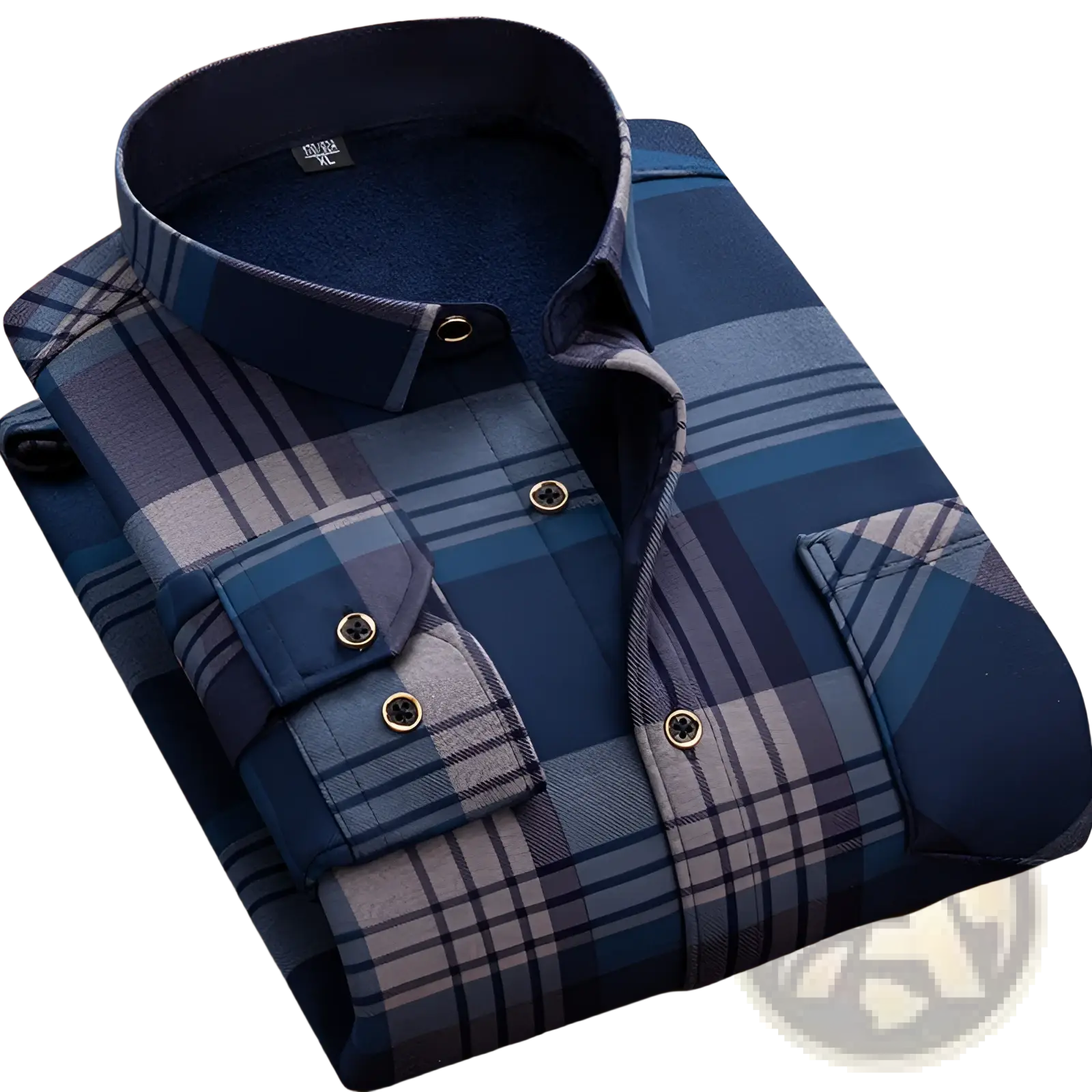 Men fleece lined long sleeve shirt in navy blue and gray plaid with button down collar and gold toned buttons