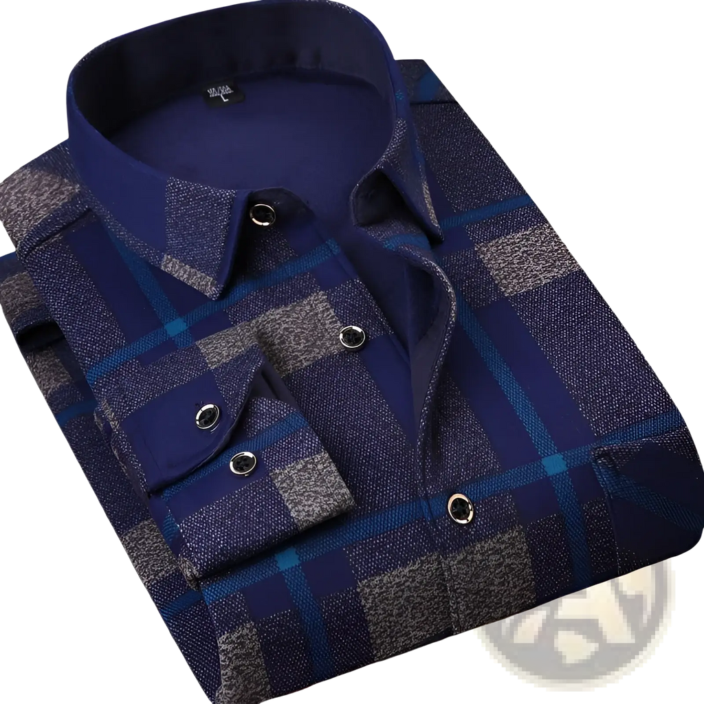 Men fleece lined long sleeve shirt in navy blue and gray plaid with dark blue collar and silver-toned buttons