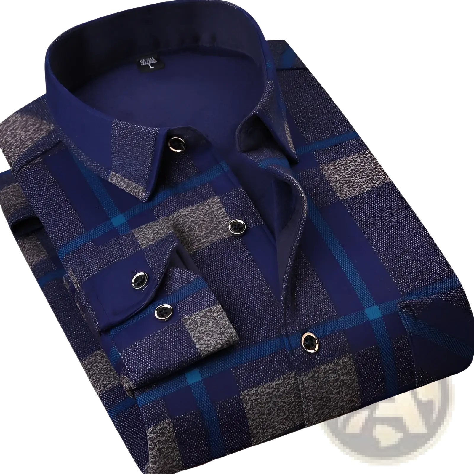 Men fleece lined long sleeve shirt in navy blue and gray plaid with dark blue collar and silver-toned buttons