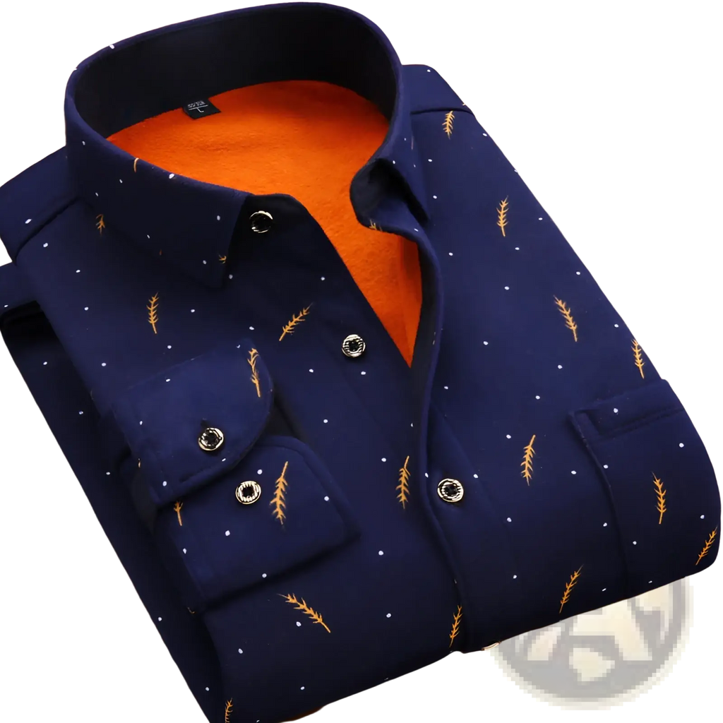 Navy blue men fleece lined long sleeve shirt with gold wheat stalk and white dot pattern and orange inner lining