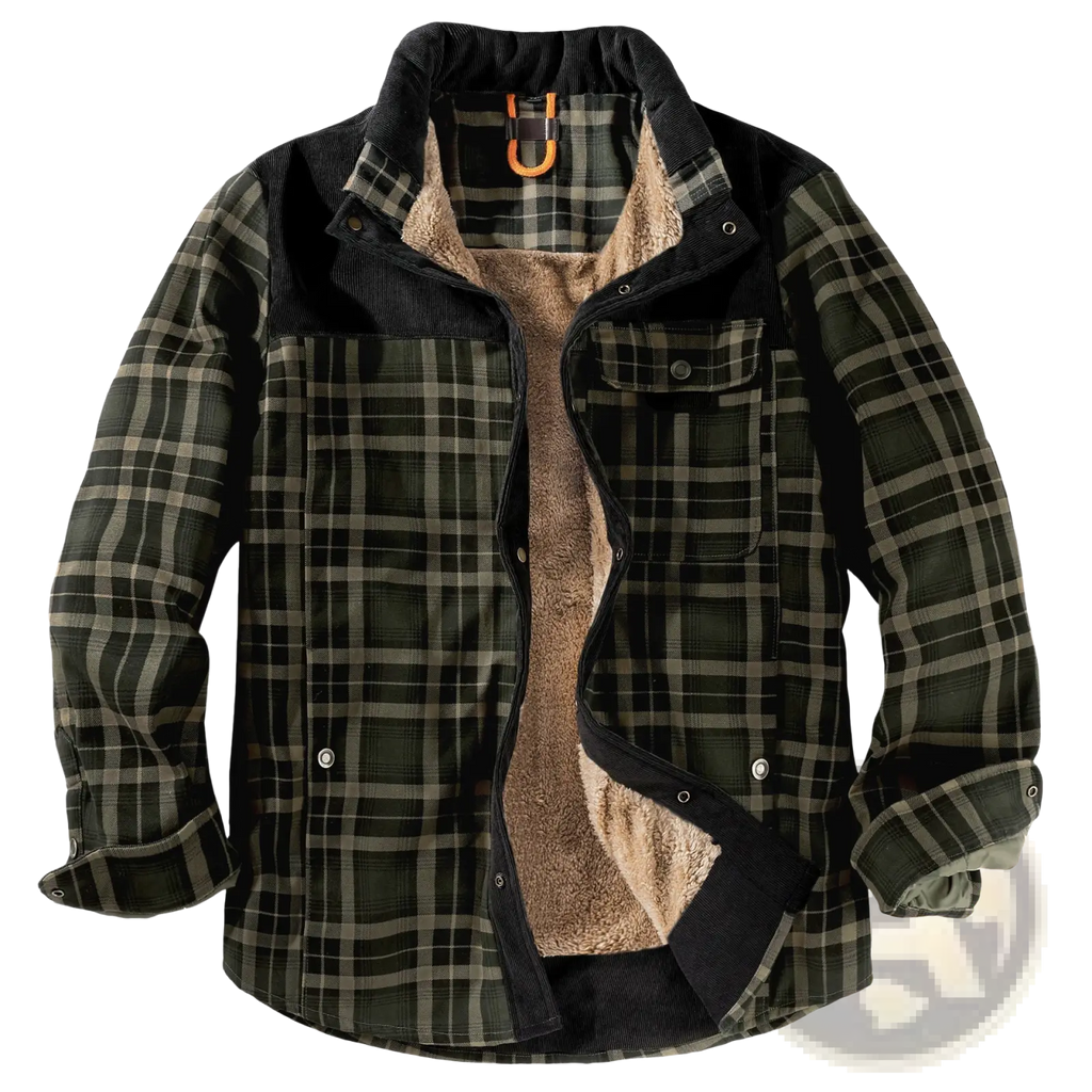Men fleece lined plaid flannel jacket in dark green and gray with black corduroy collar cuffs and front accents