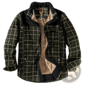 Men fleece lined plaid flannel jacket in dark green and gray with black corduroy collar cuffs and front accents