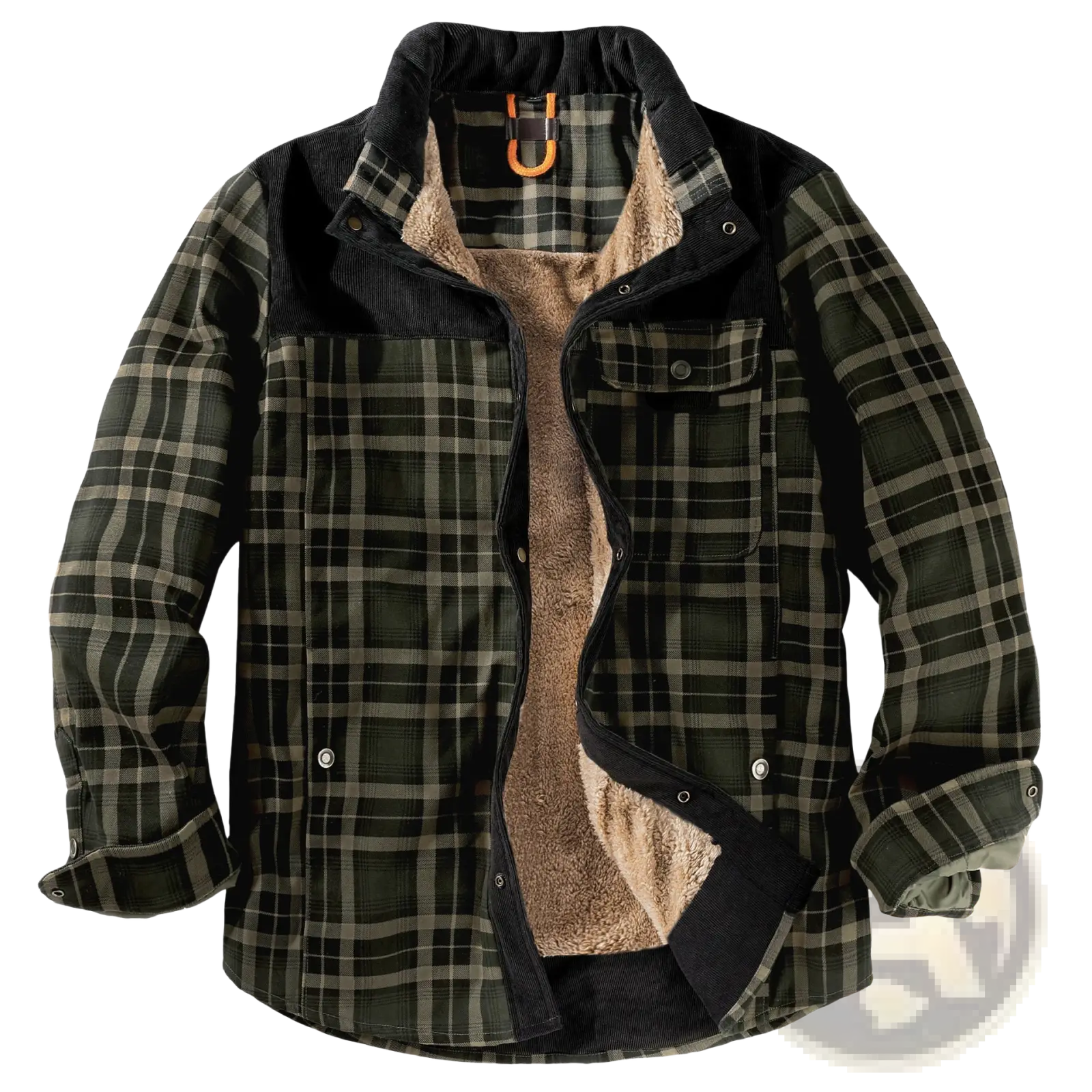 Men fleece lined plaid flannel jacket in dark green and gray with black corduroy collar cuffs and front accents