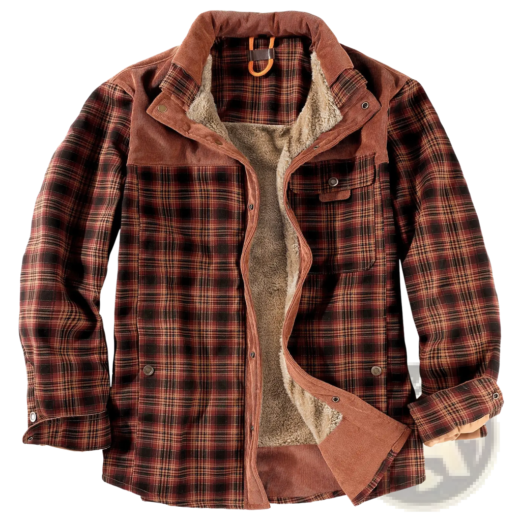Men fleece lined plaid flannel jacket in brown and black corduroy with warm fleece lining for cold weather use