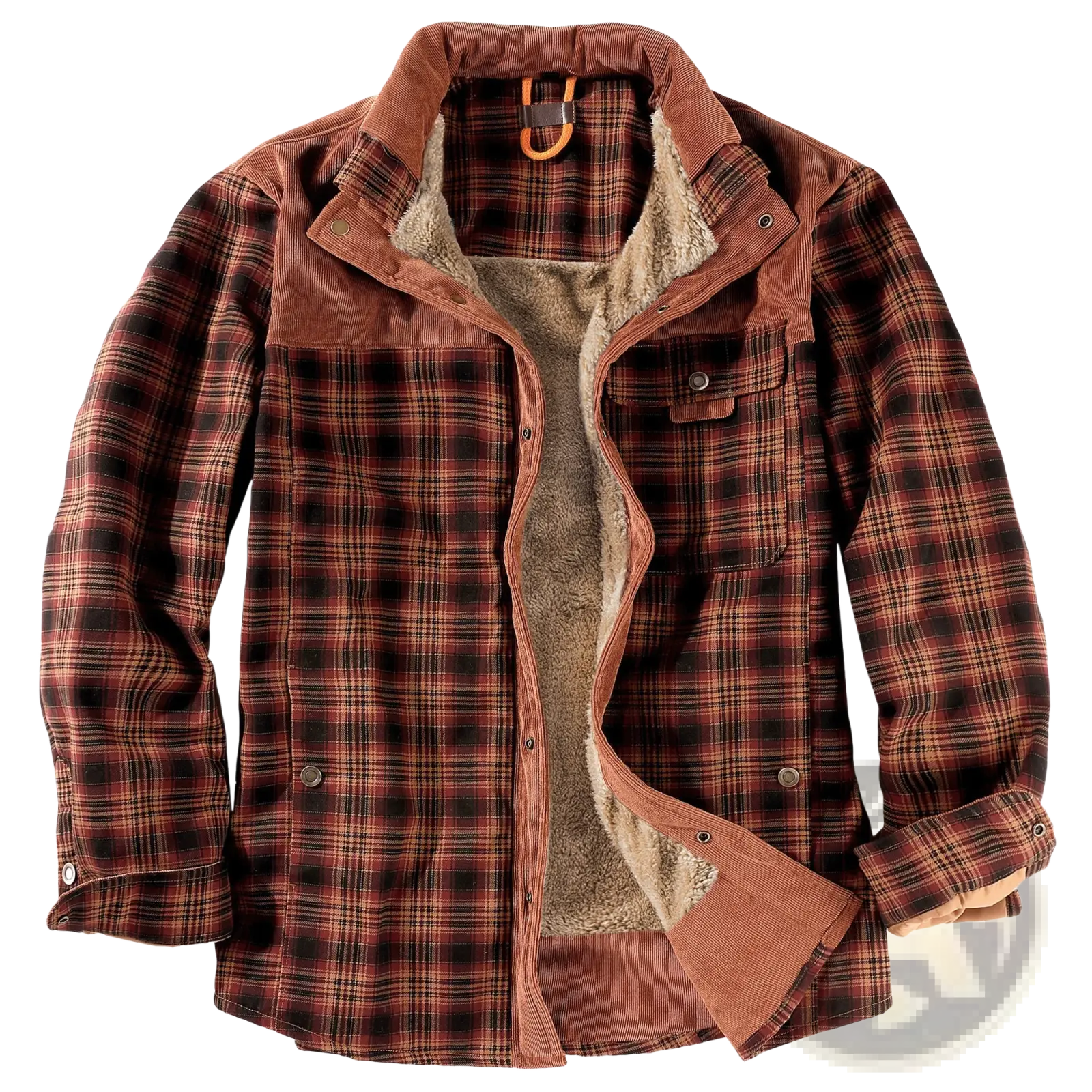 Men fleece lined plaid flannel jacket in brown and black corduroy with warm fleece lining for cold weather use