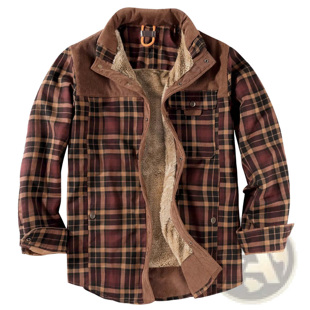 Men fleece lined plaid flannel jacket in brown and black with corduroy collar and fleece lining for warmth