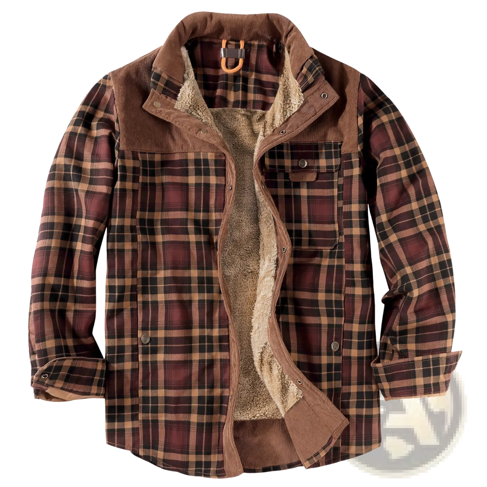 Men fleece lined plaid flannel jacket in brown and black with corduroy collar and fleece lining for warmth