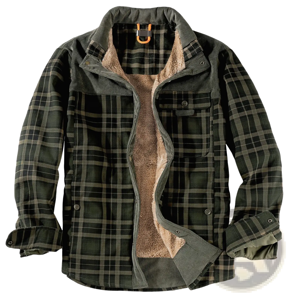 Men fleece lined plaid flannel jacket in dark green and black corduroy with tan fleece lining for warmth and style