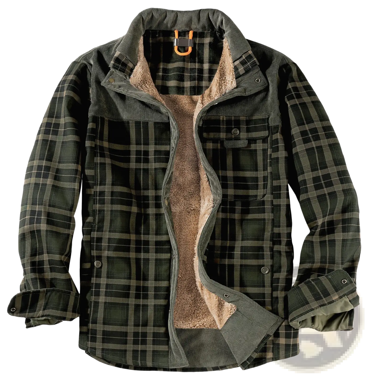 Men fleece lined plaid flannel jacket in dark green and black corduroy with tan fleece lining for warmth and style