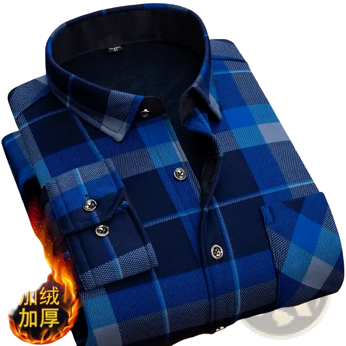 Men fleece lined plaid flannel shirt in blue with dark blue inner lining and silver buttons made of soft fabric