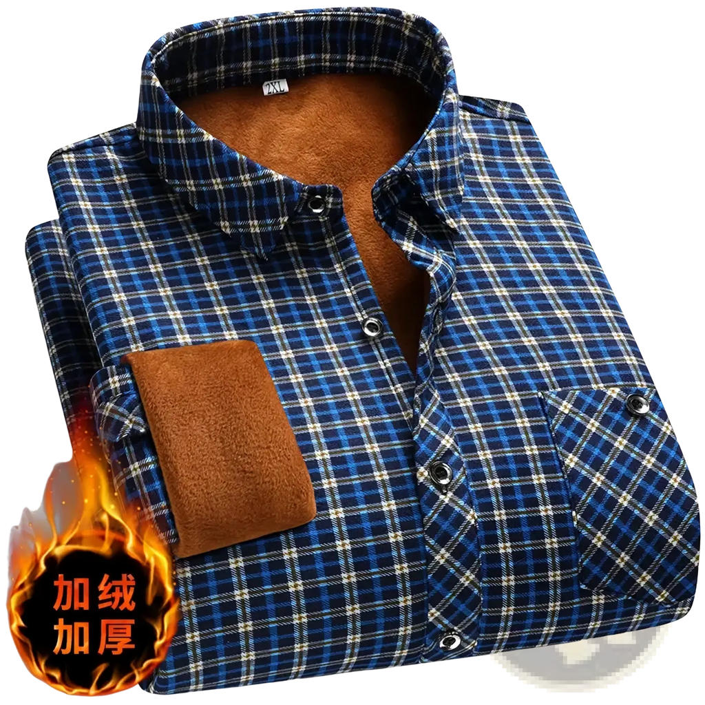 Men fleece lined plaid flannel shirt in blue and white with brown fleece lining for warmth and comfort