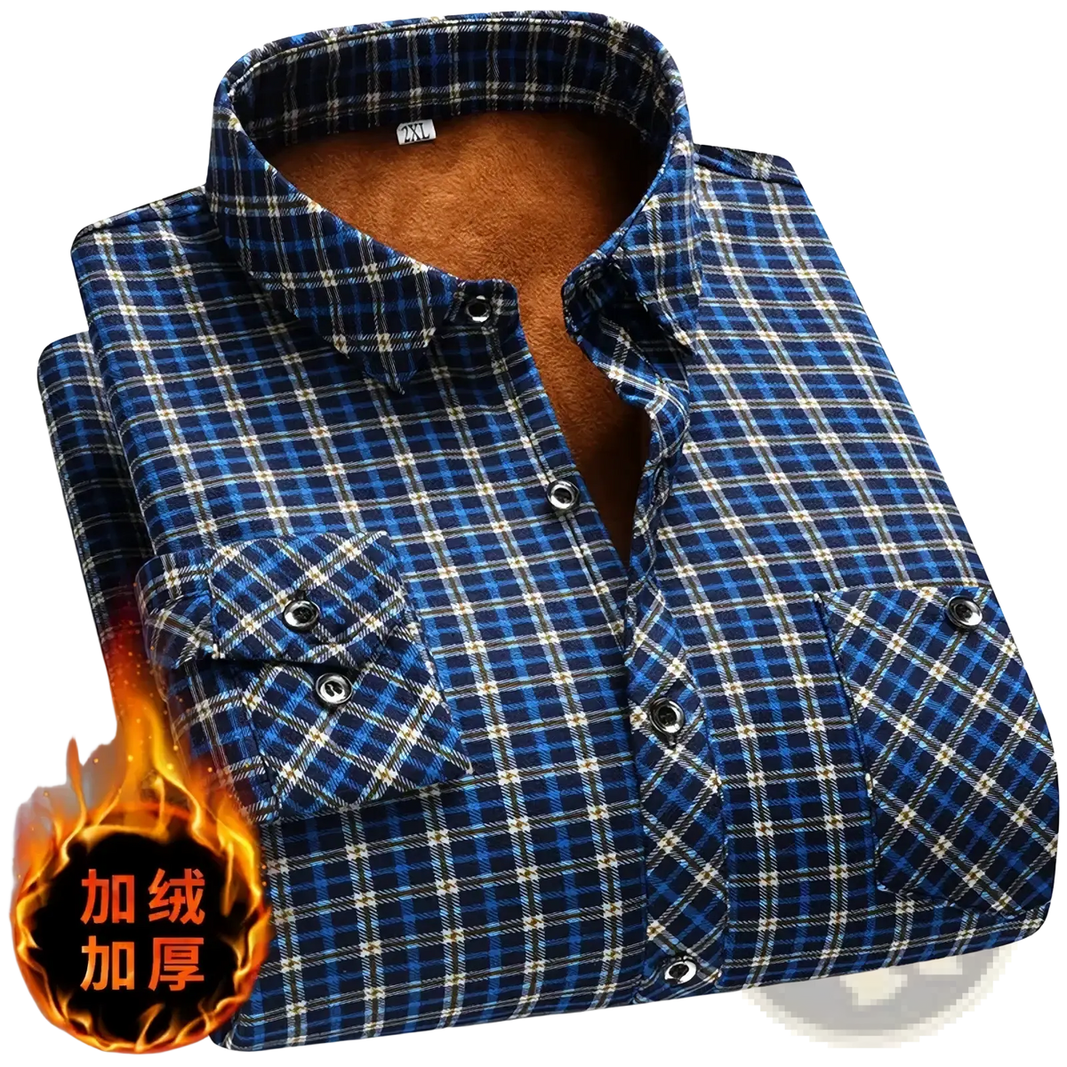 Men fleece lined plaid flannel shirt in blue and white with brown fleece lining for warmth and comfort