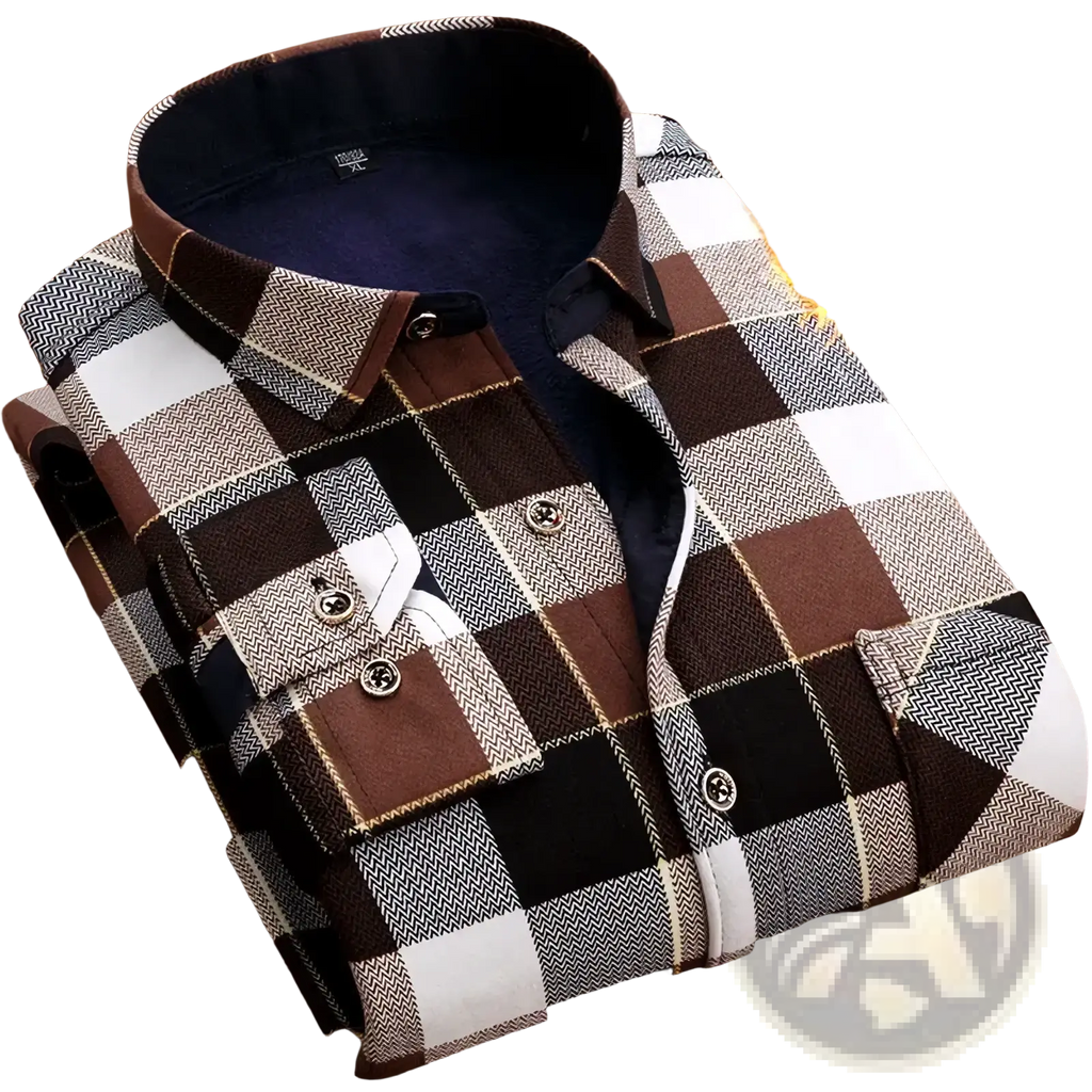 Men fleece lined plaid flannel shirt in brown black and white with fleece lined collar for added warmth