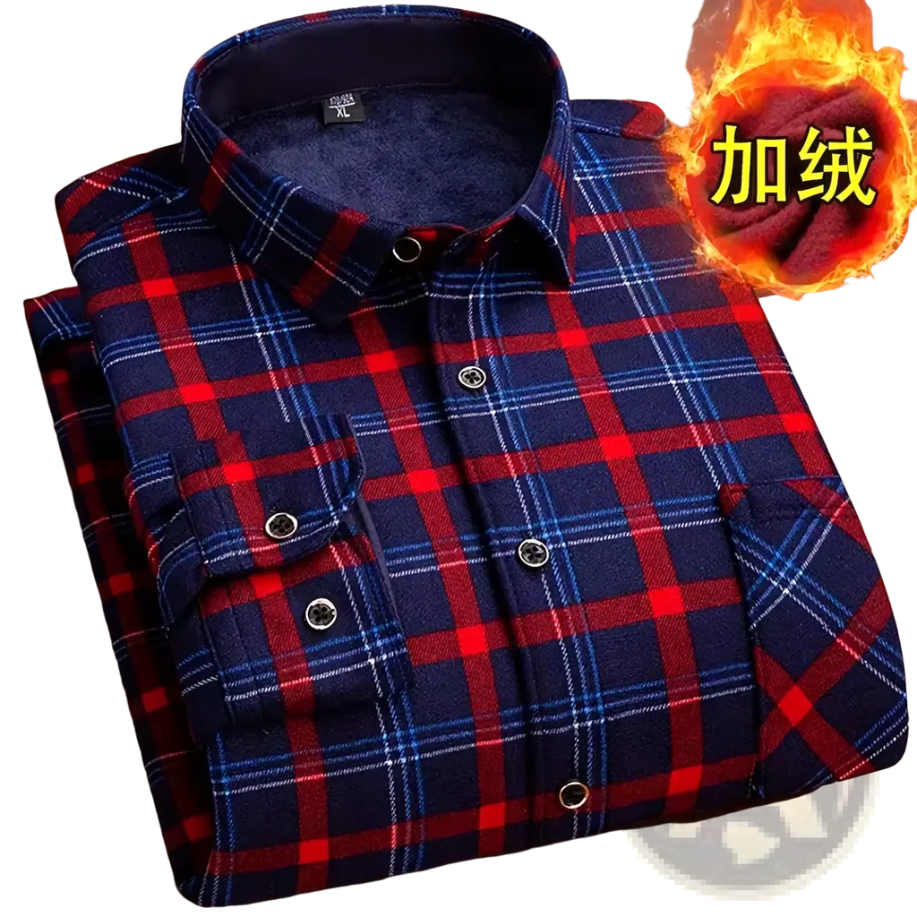 Men fleece lined plaid flannel shirt in navy blue red and white with a fleece-lined collar for added warmth