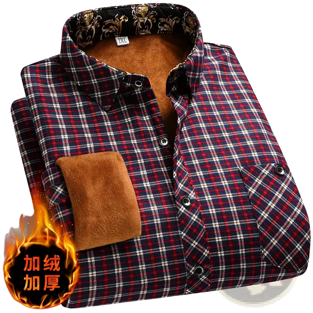 Men fleece lined plaid flannel shirt in navy blue red and white with plush brown fleece lining for warmth and comfort