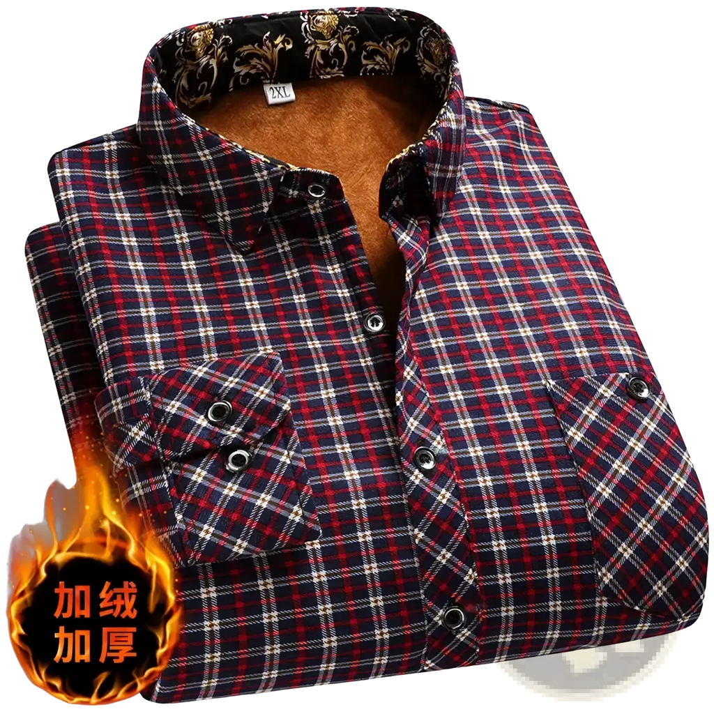 Men fleece lined plaid flannel shirt in navy blue red and white with plush brown fleece lining for warmth and comfort